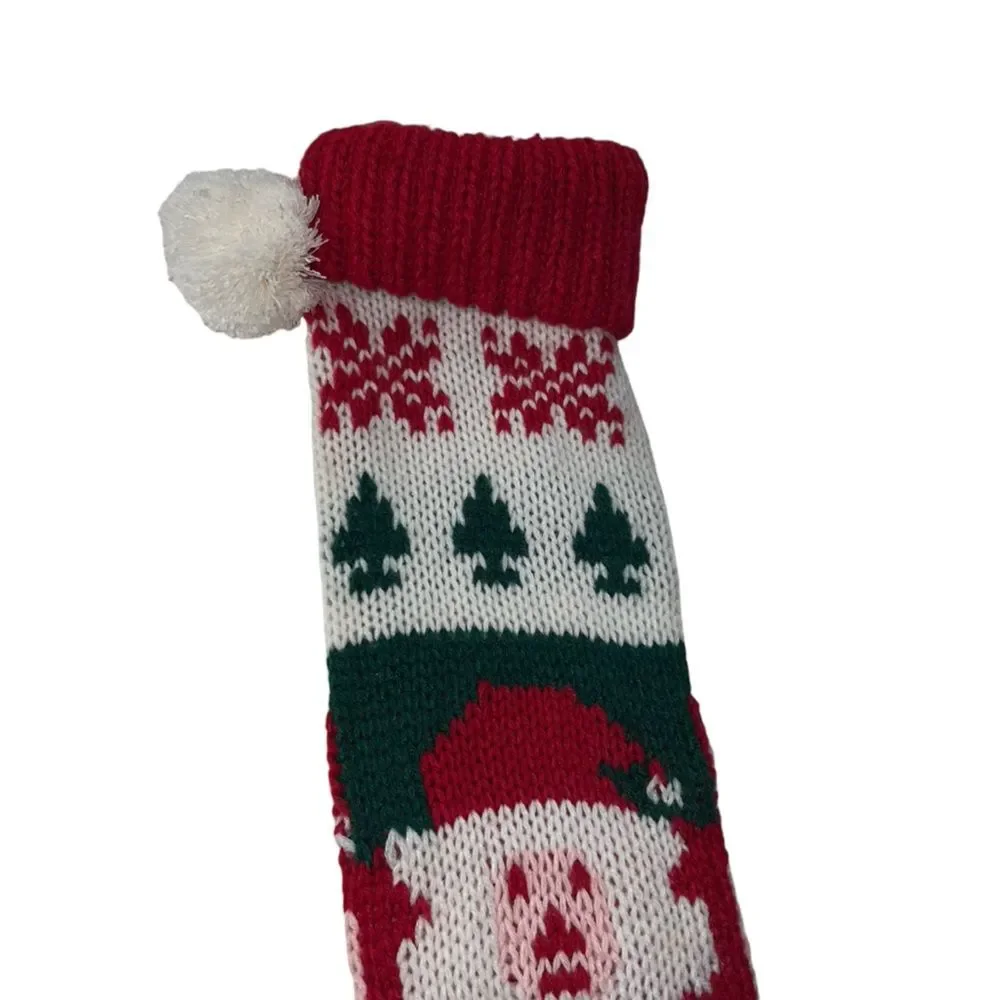 Vintage Knit Santa Claus Stocking Pom Pom Skinny Long Red Green Nostalgia Argyle